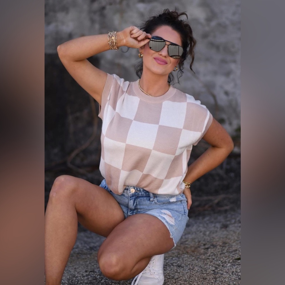 Stylish Beige Checkered Women's Top